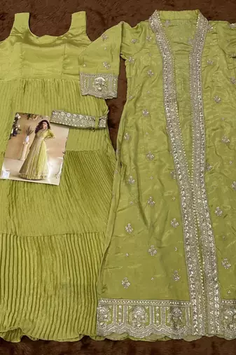lemon green embroidered chinon shrug set