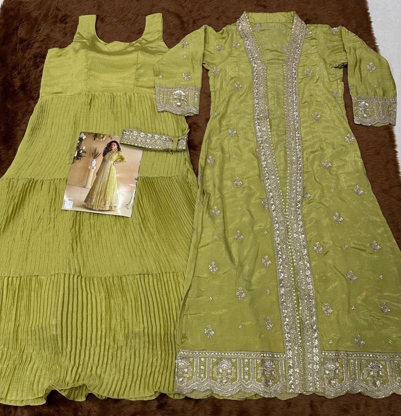 Lemon green embroidered Chinon Shrug Set