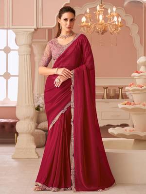 Cherry red georgette designer lace border saree with heavy work blouse for wedding party 1