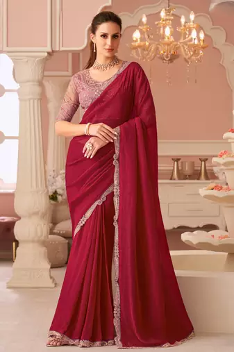 Cherry red georgette designer lace border saree with heavy work blouse for wedding party