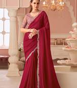 Cherry red georgette designer lace border saree with heavy work blouse for wedding party