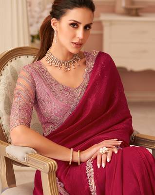 Cherry red georgette designer lace border saree with heavy work blouse for wedding party 2