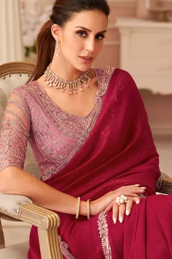 Cherry red georgette designer lace border saree with heavy work blouse for wedding party
