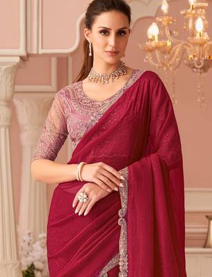 Cherry red georgette designer lace border saree with heavy work blouse for wedding party 3