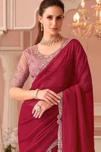 Cherry red georgette designer lace border saree with heavy work blouse for wedding party