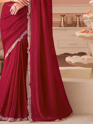 Cherry red georgette designer lace border saree with heavy work blouse for wedding party 4