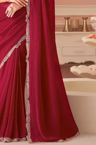 Cherry red georgette designer lace border saree with heavy work blouse for wedding party