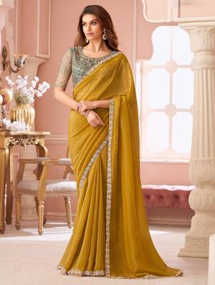 Mustard georgette designer lace border saree with heavy work blouse for wedding party 1