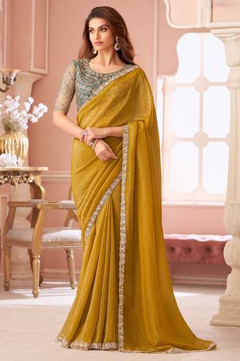 Mustard georgette designer lace border saree with heavy work blouse for wedding party