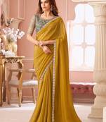 Mustard georgette designer lace border saree with heavy work blouse for wedding party