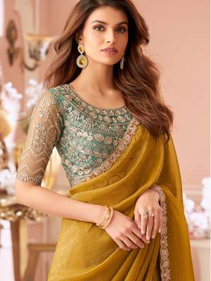 Mustard georgette designer lace border saree with heavy work blouse for wedding party 2