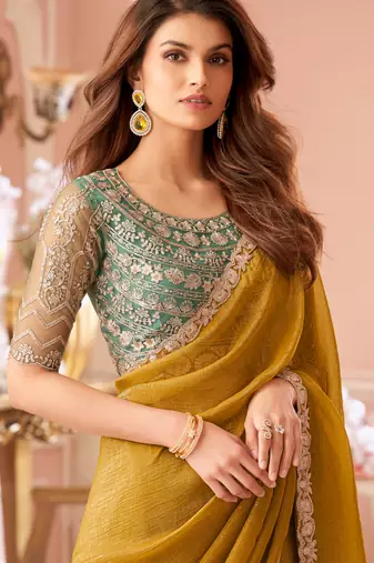 Mustard georgette designer lace border saree with heavy work blouse for wedding party