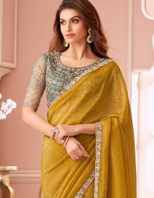 Mustard georgette designer lace border saree with heavy work blouse for wedding party 3