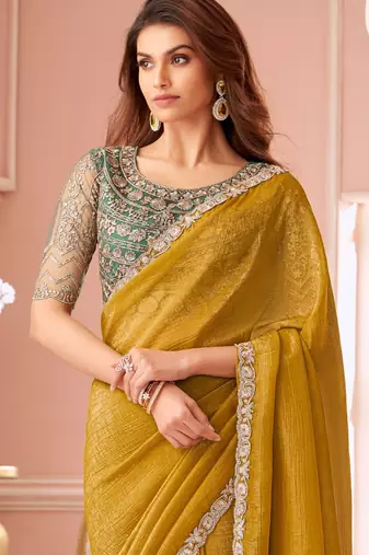 Mustard georgette designer lace border saree with heavy work blouse for wedding party