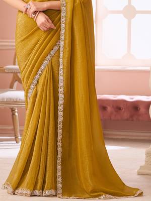 Mustard georgette designer lace border saree with heavy work blouse for wedding party 4