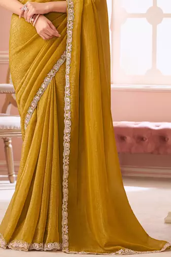 Mustard georgette designer lace border saree with heavy work blouse for wedding party