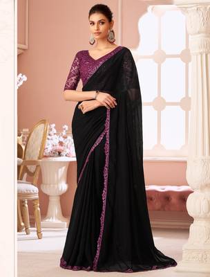 Black georgette designer lace border saree with heavy work blouse for wedding party 1
