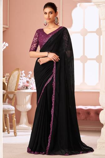 Black georgette designer lace border saree with heavy work blouse for wedding party