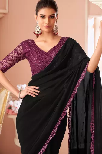 Black georgette designer lace border saree with heavy work blouse for wedding party