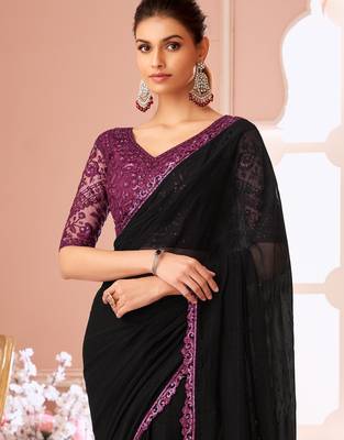 Black georgette designer lace border saree with heavy work blouse for wedding party 3