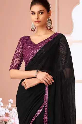 Black georgette designer lace border saree with heavy work blouse for wedding party