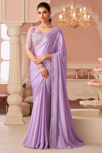 Lavender chiffon shimmer designer lace border saree with heavy work blouse for wedding party
