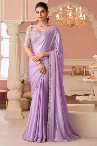 Lavender chiffon shimmer designer lace border saree with heavy work blouse for wedding party