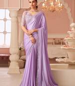 Lavender chiffon shimmer designer lace border saree with heavy work blouse for wedding party