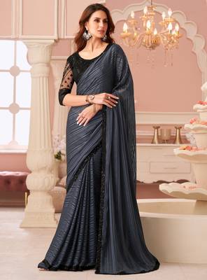 Grey georgette designer lace border saree with heavy work blouse for wedding party 1