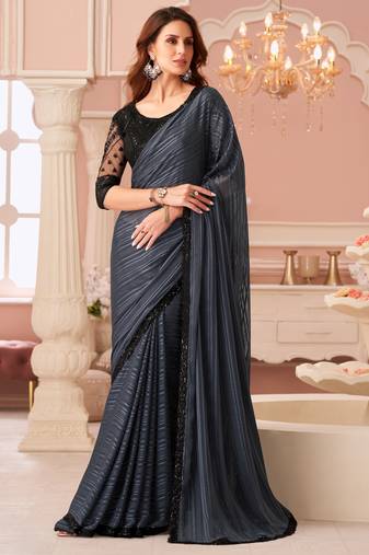 Grey georgette designer lace border saree with heavy work blouse for wedding party
