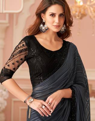 Grey georgette designer lace border saree with heavy work blouse for wedding party 2