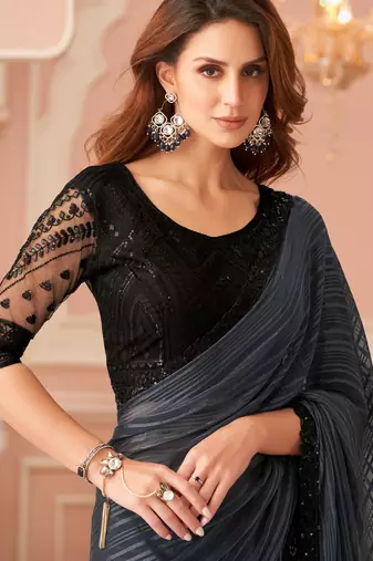 Grey georgette designer lace border saree with heavy work blouse for wedding party