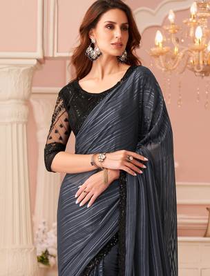 Grey georgette designer lace border saree with heavy work blouse for wedding party 3