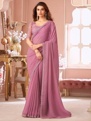 Onion pink georgette designer lace border saree with heavy work blouse for wedding party 1
