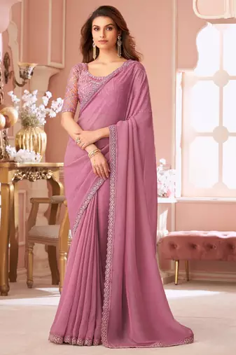 Onion pink georgette designer lace border saree with heavy work blouse for wedding party