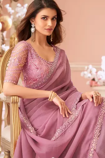 Onion pink georgette designer lace border saree with heavy work blouse for wedding party