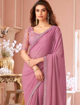 Onion pink georgette designer lace border saree with heavy work blouse for wedding party 3
