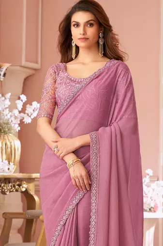 Onion pink georgette designer lace border saree with heavy work blouse for wedding party