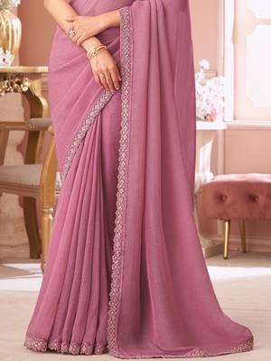 Onion pink georgette designer lace border saree with heavy work blouse for wedding party 4