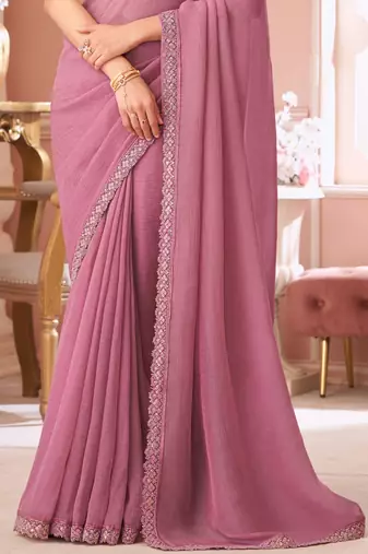 Onion pink georgette designer lace border saree with heavy work blouse for wedding party