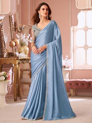 Baby blue chiffon shimmer designer lace border saree with heavy work blouse for wedding party 1