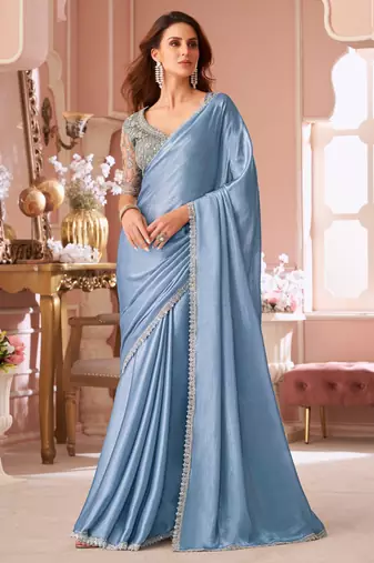 Baby blue chiffon shimmer designer lace border saree with heavy work blouse for wedding party