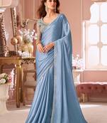 Baby blue chiffon shimmer designer lace border saree with heavy work blouse for wedding party
