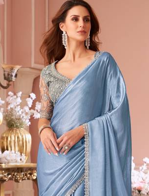 Baby blue chiffon shimmer designer lace border saree with heavy work blouse for wedding party 3