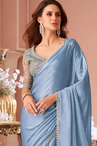 Baby blue chiffon shimmer designer lace border saree with heavy work blouse for wedding party