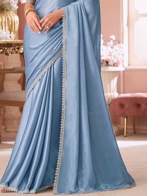 Baby blue chiffon shimmer designer lace border saree with heavy work blouse for wedding party 4
