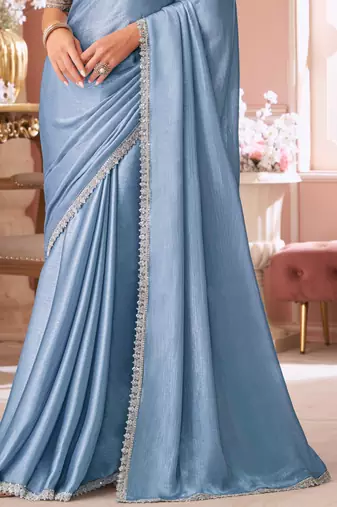 Baby blue chiffon shimmer designer lace border saree with heavy work blouse for wedding party