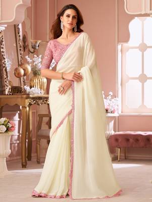 White georgette designer lace border saree with heavy work blouse for wedding party 1