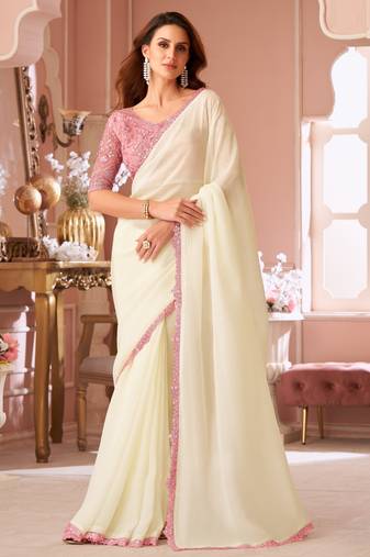 White georgette designer lace border saree with heavy work blouse for wedding party