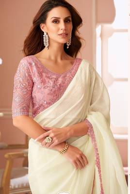 White georgette designer lace border saree with heavy work blouse for wedding party 2